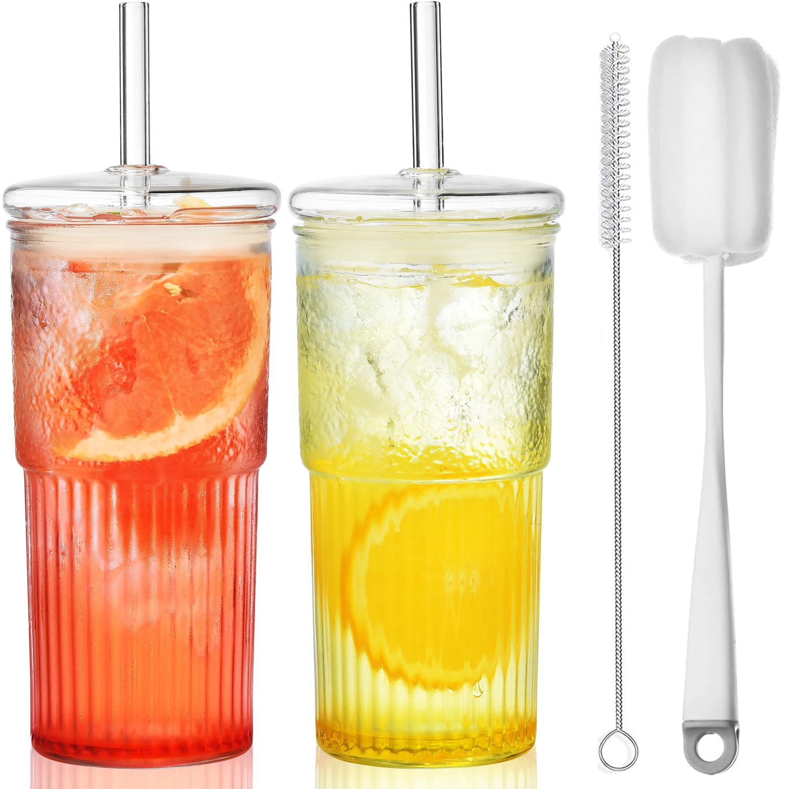 ALINK glass cups with lids and straw pattern for stylish iced beverages.