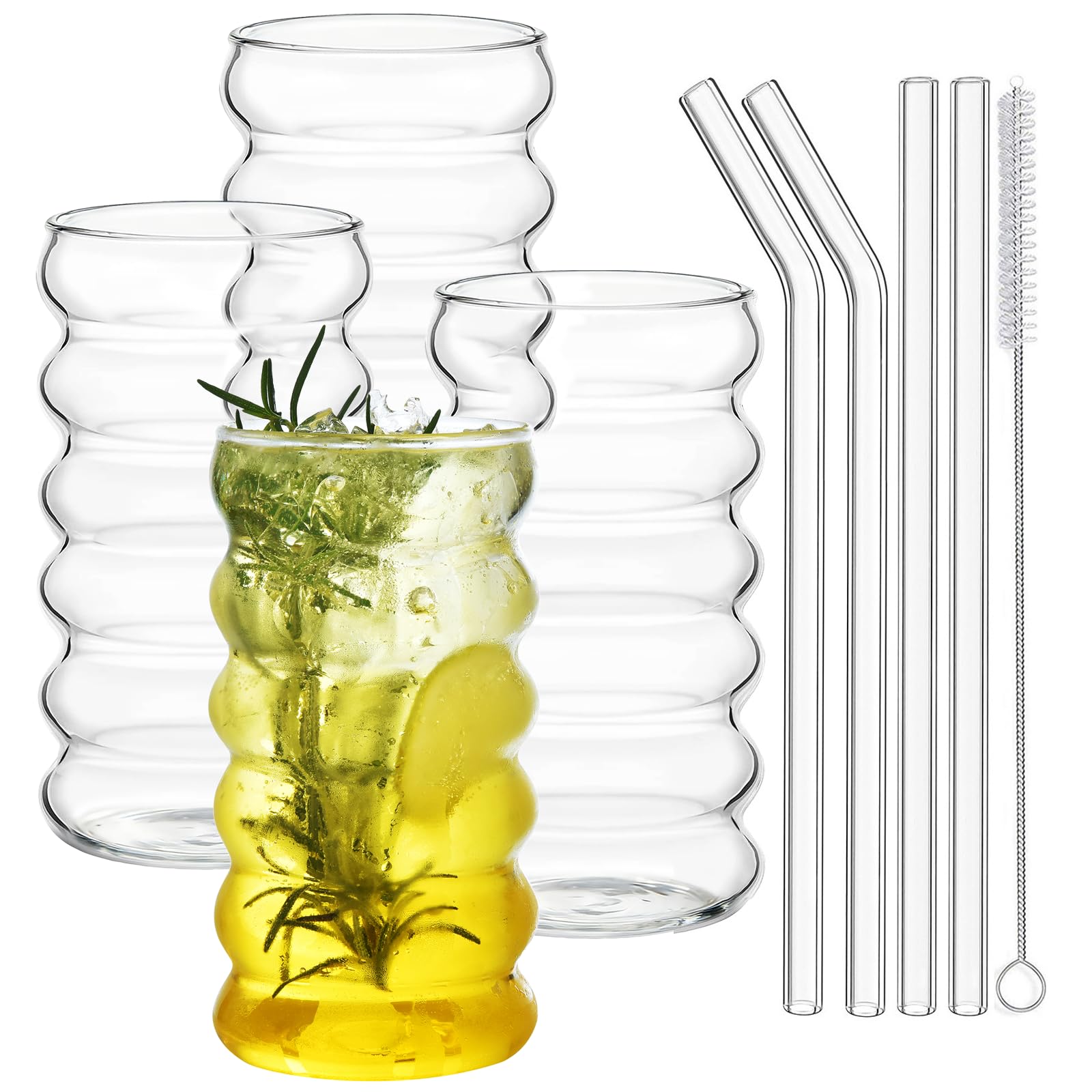 ALINK ribbed glass cups with straws for everyday water and iced drinks.