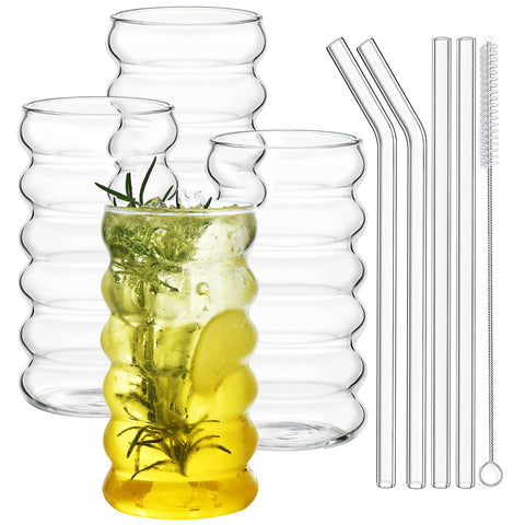 ALINK ribbed glass cups with straws for everyday water and iced drinks.