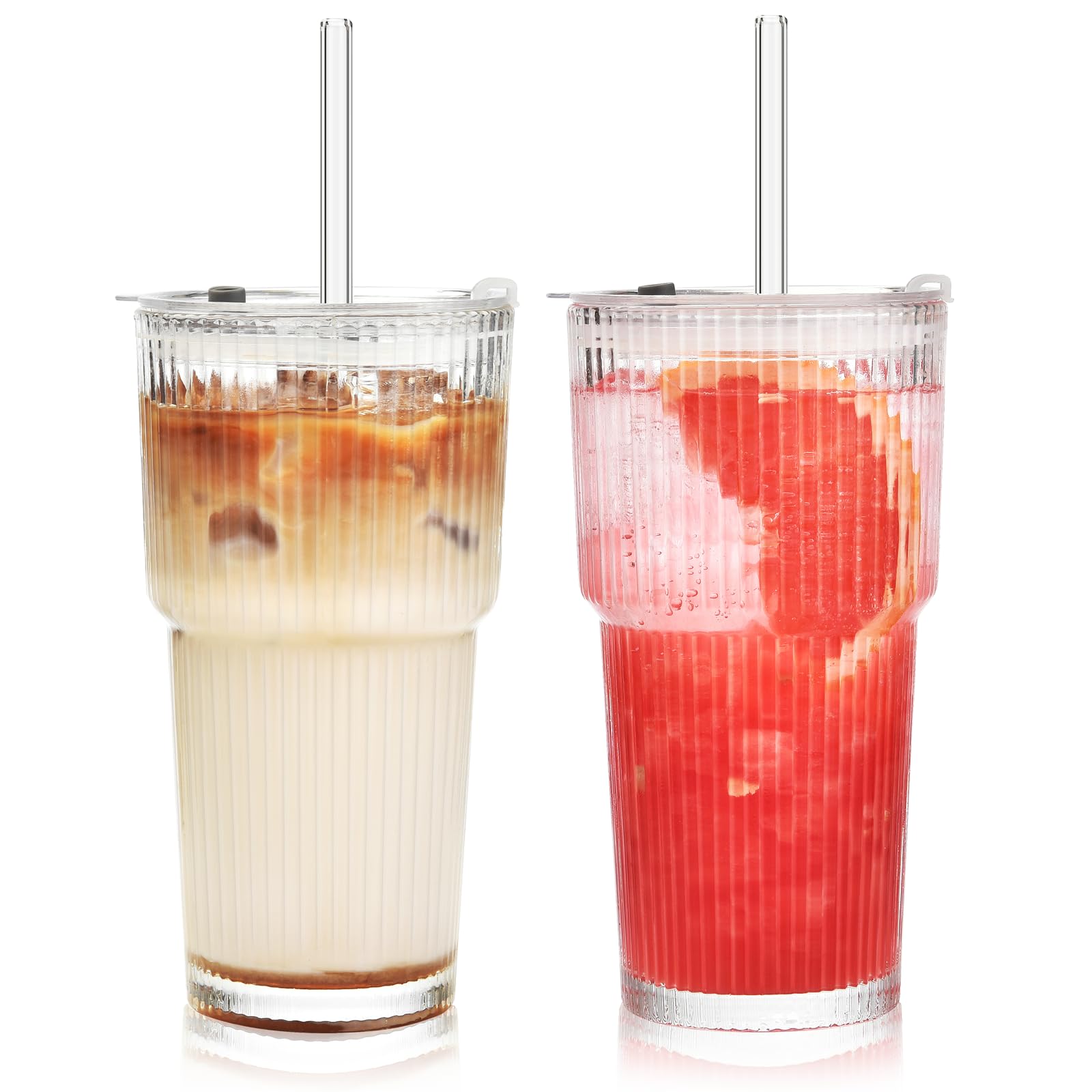 ALINK ribbed glass tumbler with clear lid and straw for everyday use.