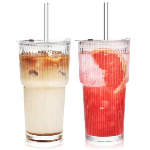 ALINK ribbed glass tumbler with clear lid and straw for everyday use.