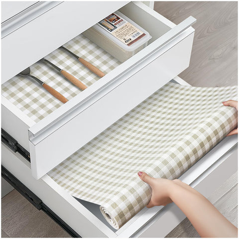 ALIUNI drawer liner in yellow plaid provides secure, non-slip grip for organized drawers.