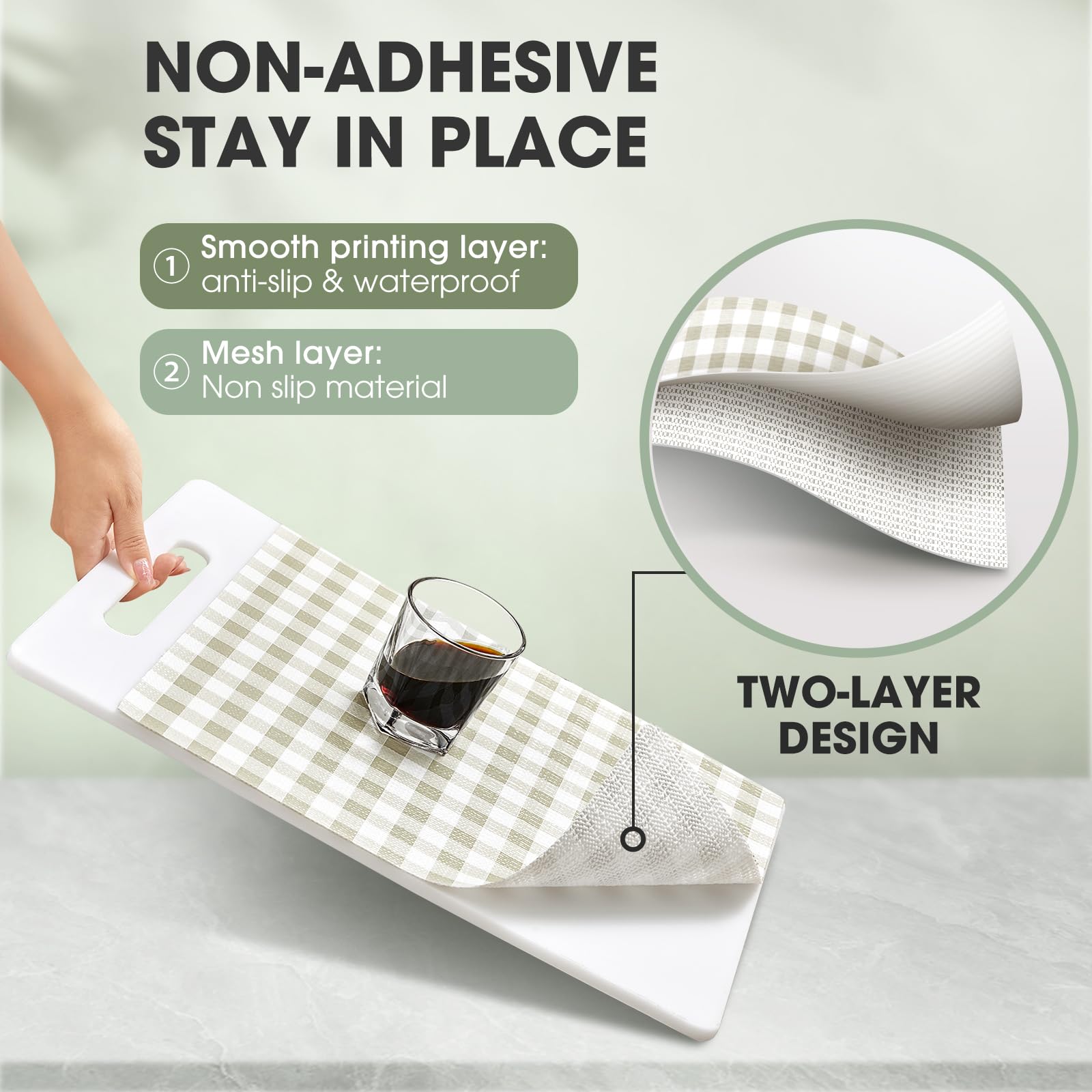 ALIUNI shelf liner demonstrates non-slip action to keep items in place on shelves.