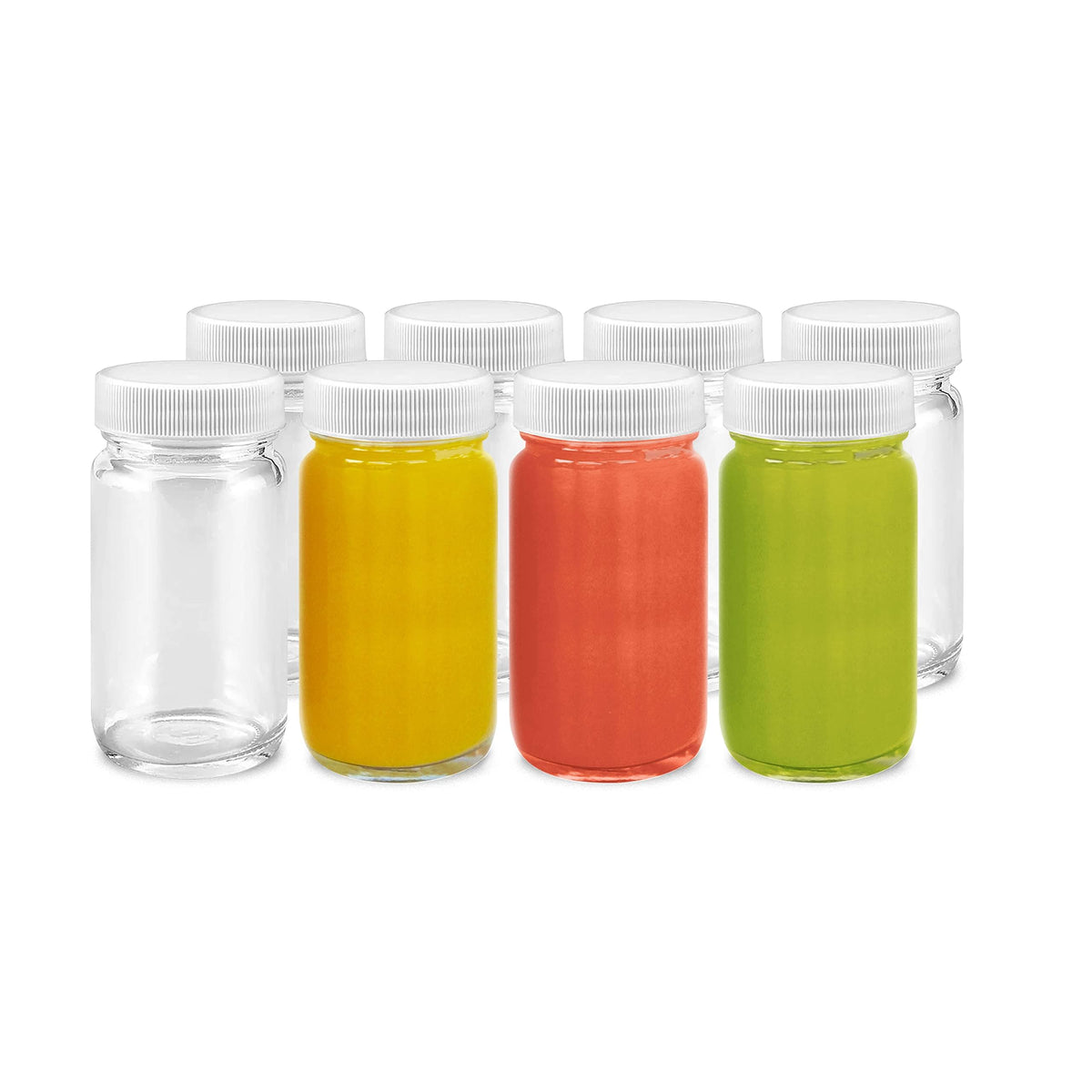 All About Juicing juice shot bottle with wide mouth in clear glass and white cap, easy pouring.
