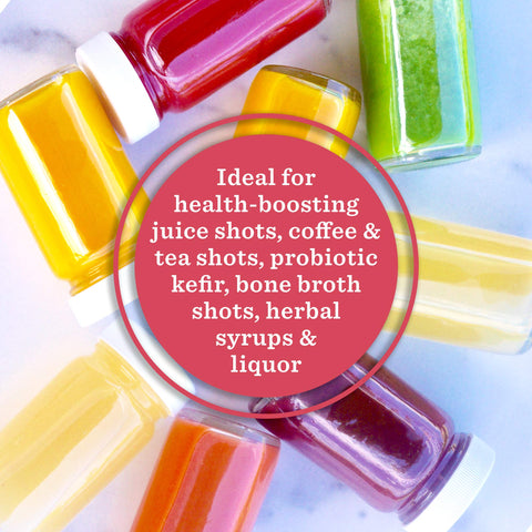 All About Juicing wide-mouth opening 2oz bottle ready for pouring and cleaning.