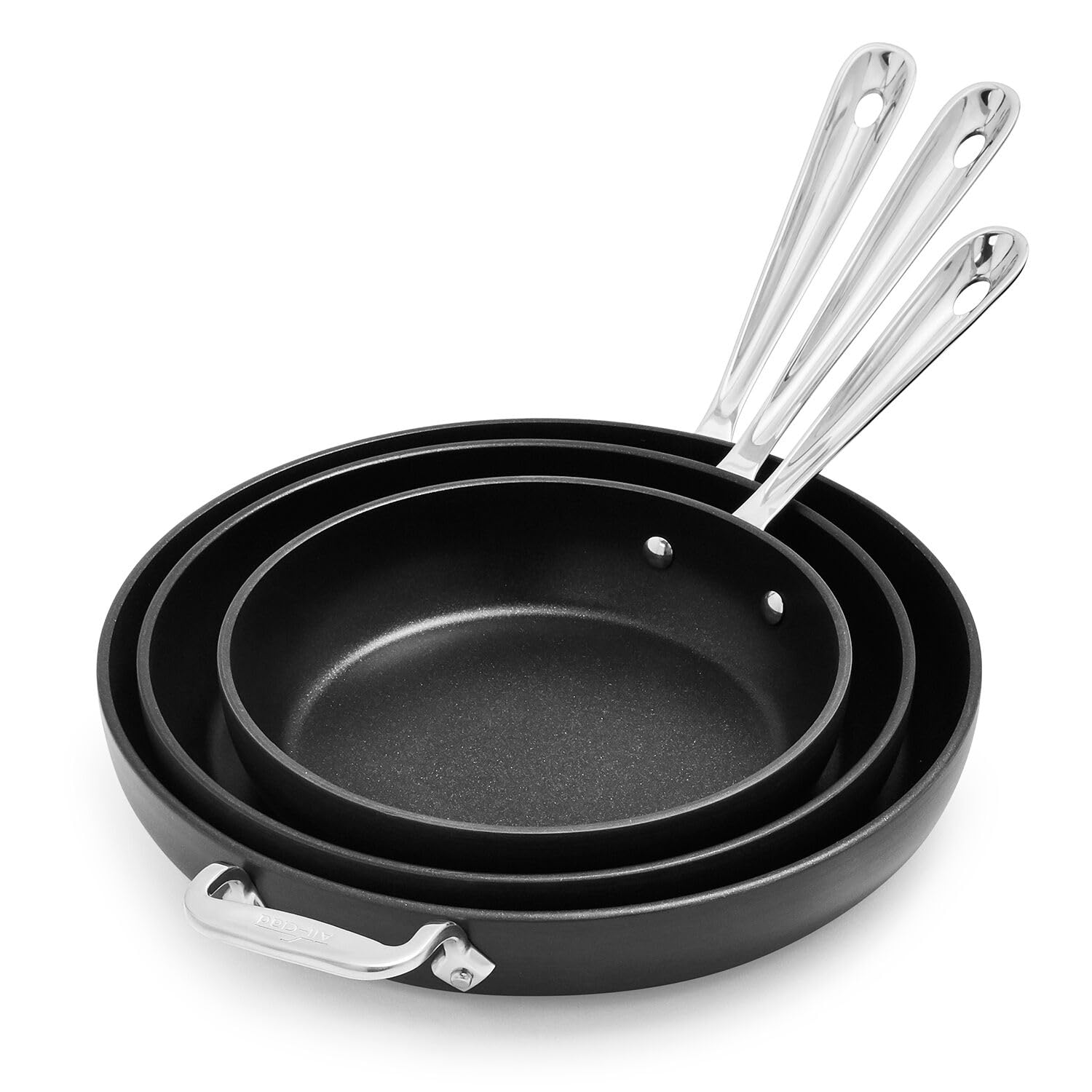 All-Clad black nonstick 12-inch skillet 834 view with smooth interior for easy release.