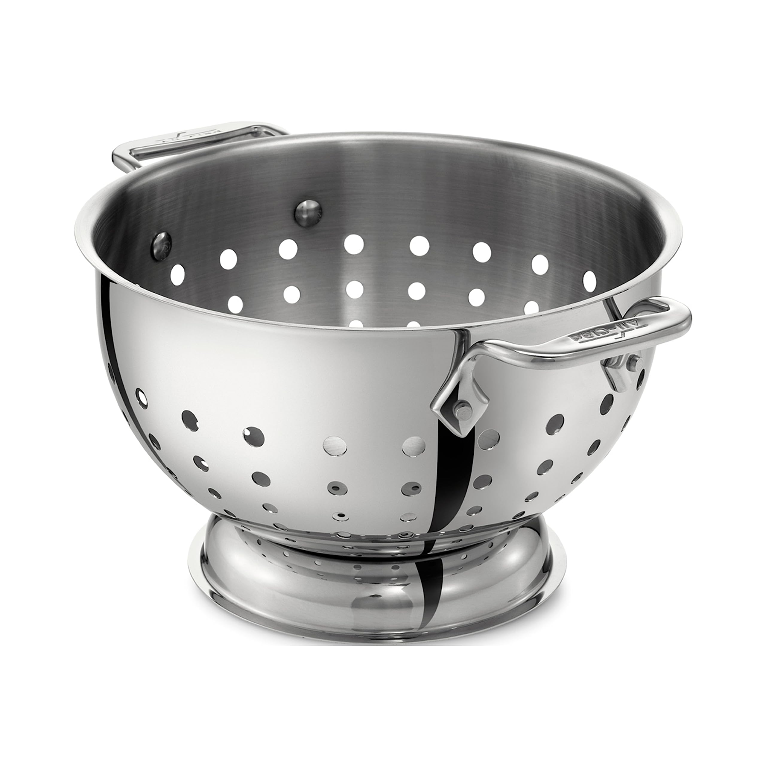 All-Clad 5 Qt colander with mirror finish for rinsing vegetables.