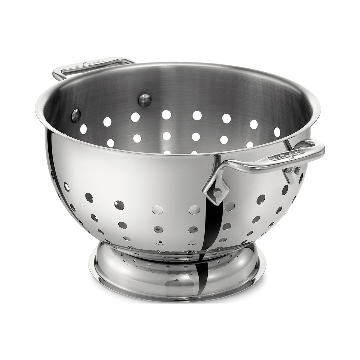 All-Clad 5 Qt colander with mirror finish for rinsing vegetables.
