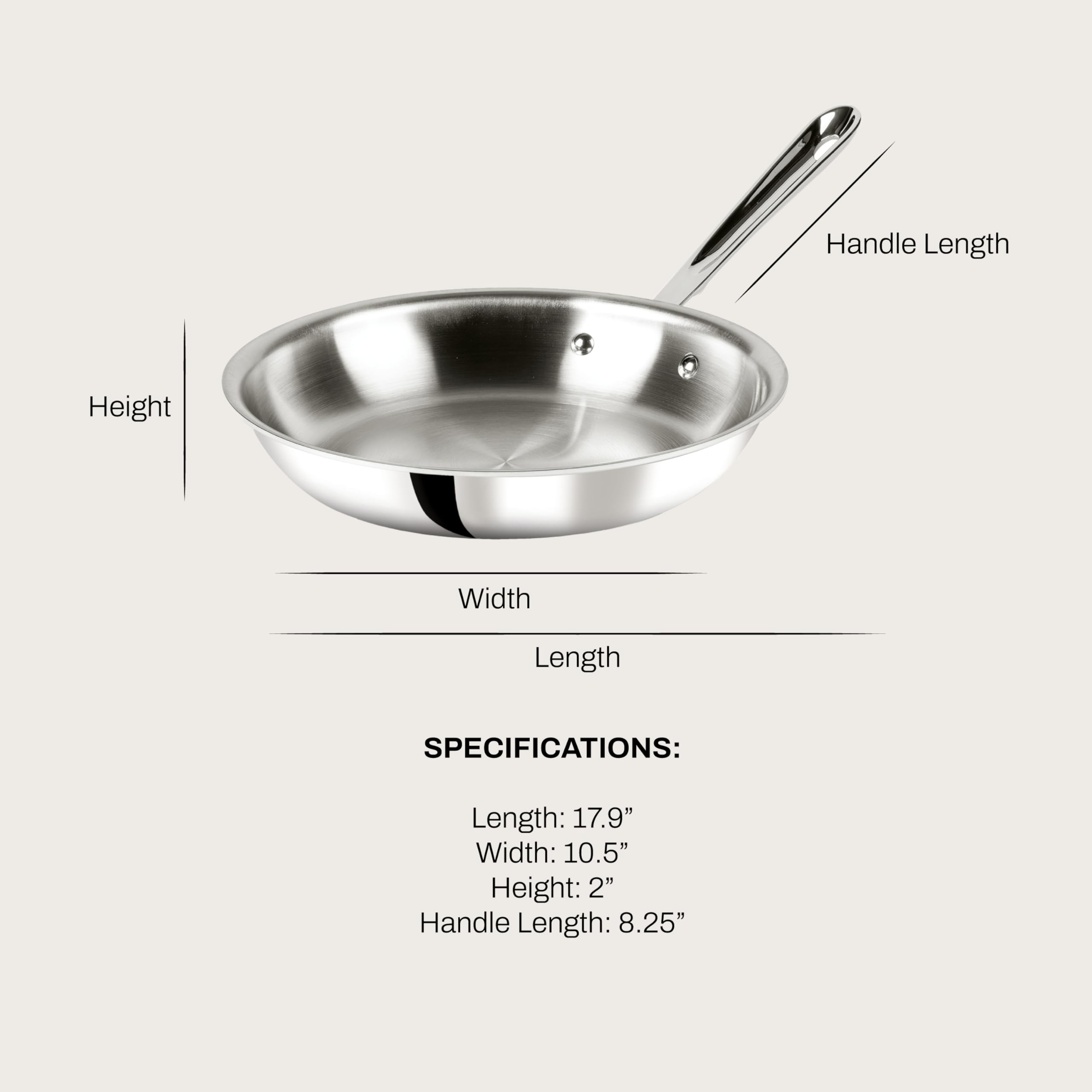 All-Clad D3 10-inch fry pan side view with secure double riveted handle.