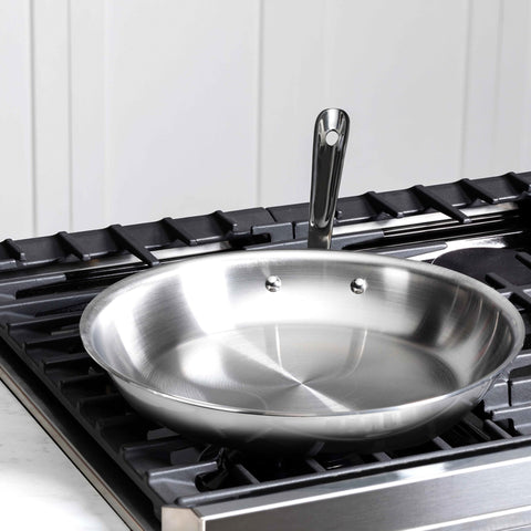 All-Clad D3 12-inch fry pan handle shown with secure double rivets.