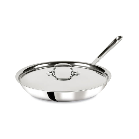 All-Clad D3 12-inch fry pan with lid highlights tri-ply construction for even heating.