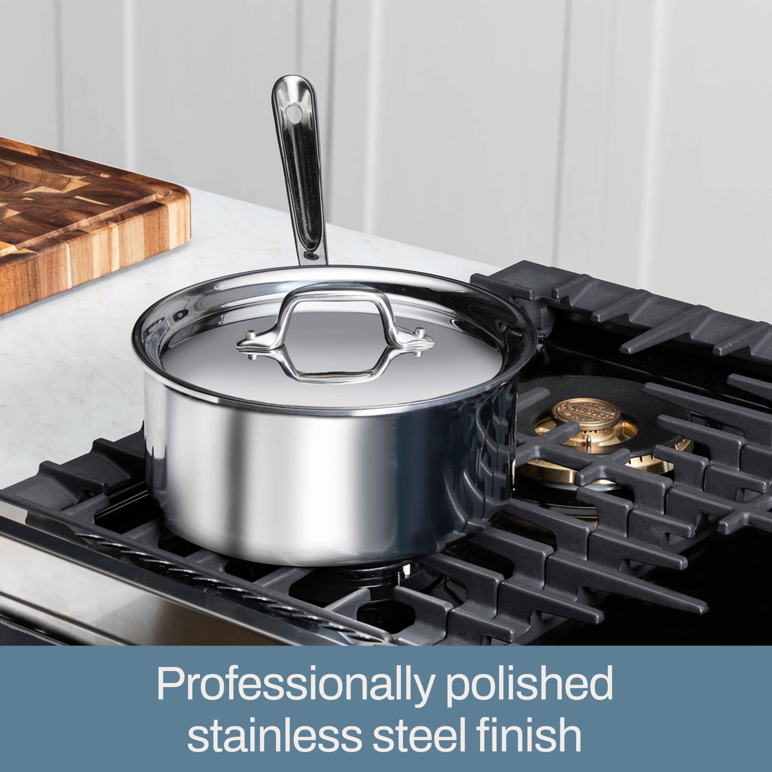 All-Clad D3 2-quart sauce pan with lid for controlled simmering.