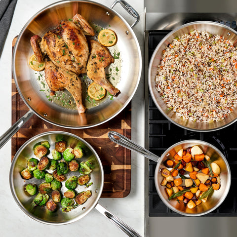 All-Clad D3 8-inch fry pan with potatoes for even browning