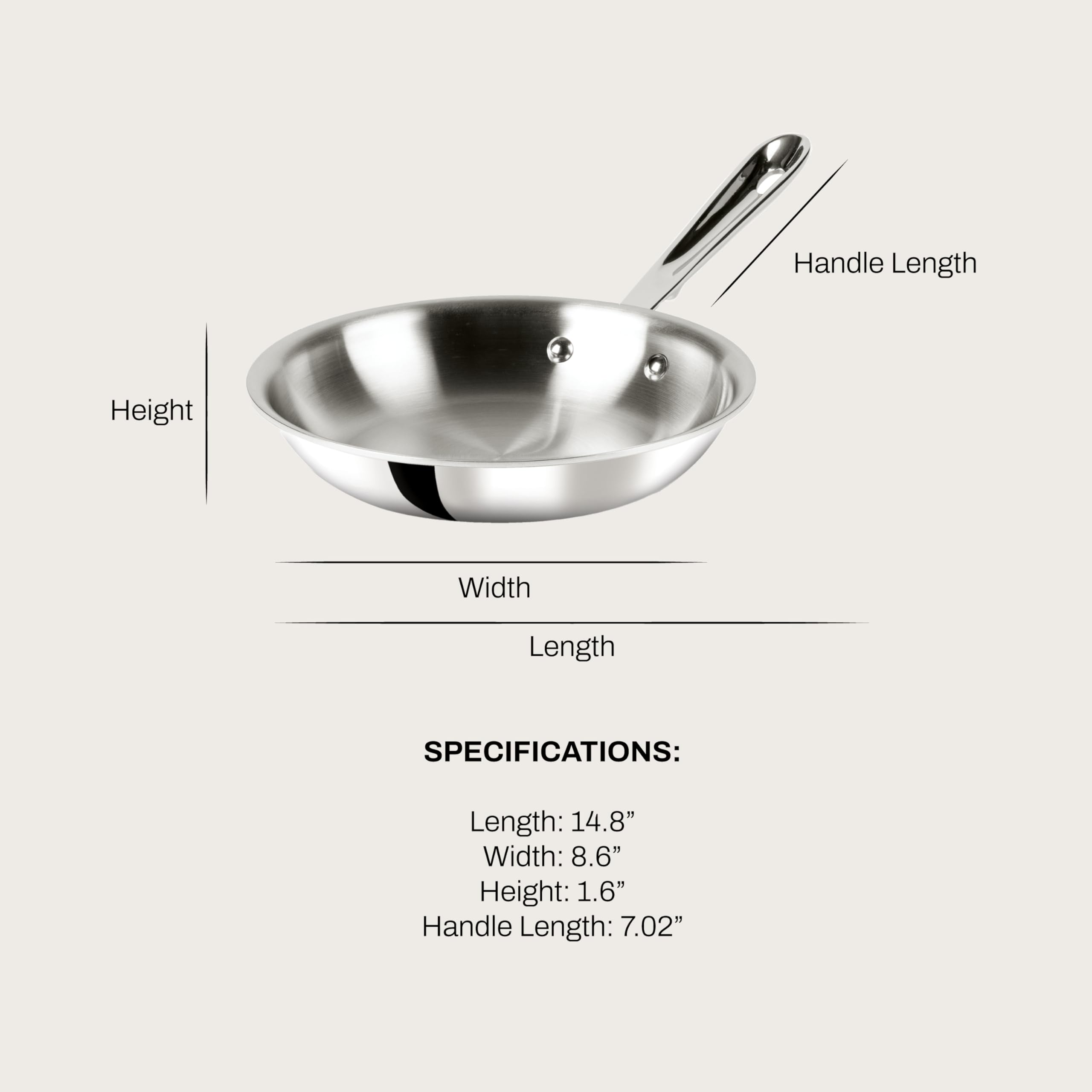 All-Clad D3 8-inch fry pan handle close-up, sturdy grip for flipping