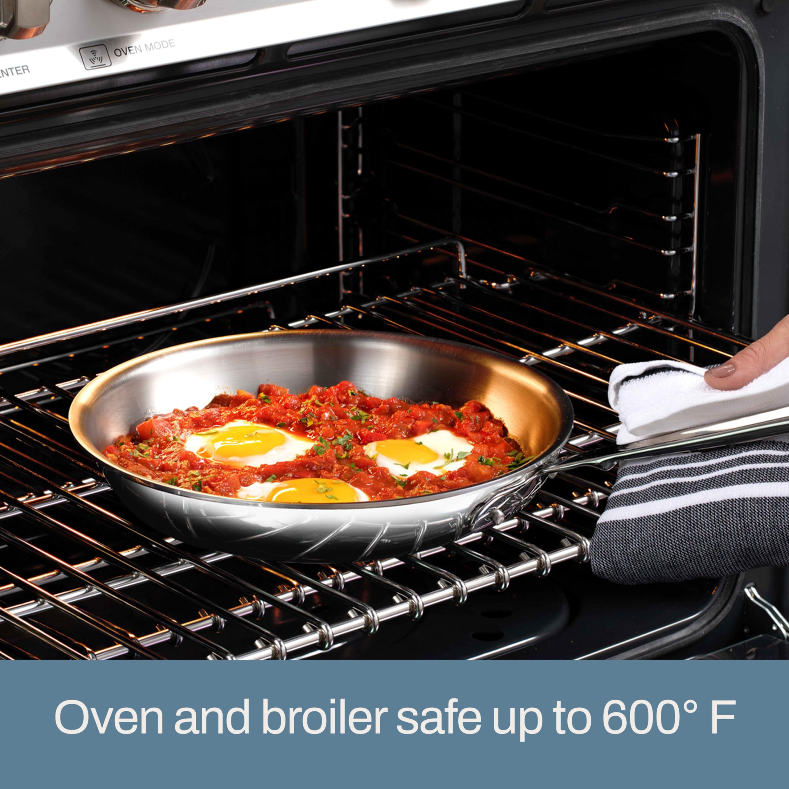 All-Clad D3 oven-safe up to 600°F for finishing dishes.