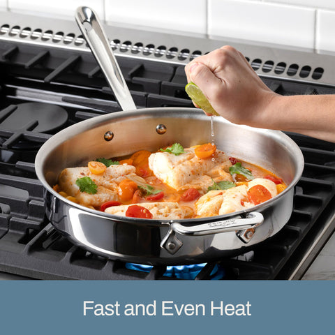 All-Clad D3 pan with ingredients for a quick stir-fry and sear.