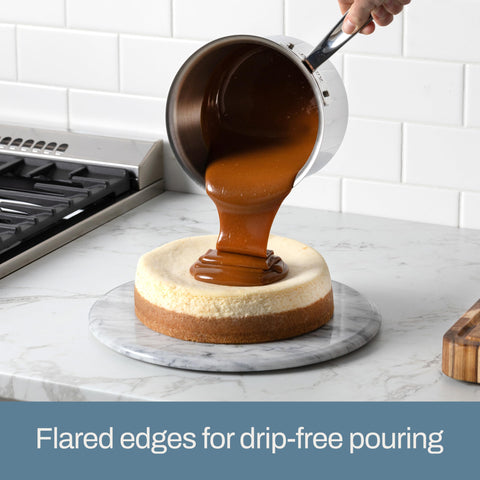 Close-up of All-Clad D3 bonded tri-ply construction in a saucepan.