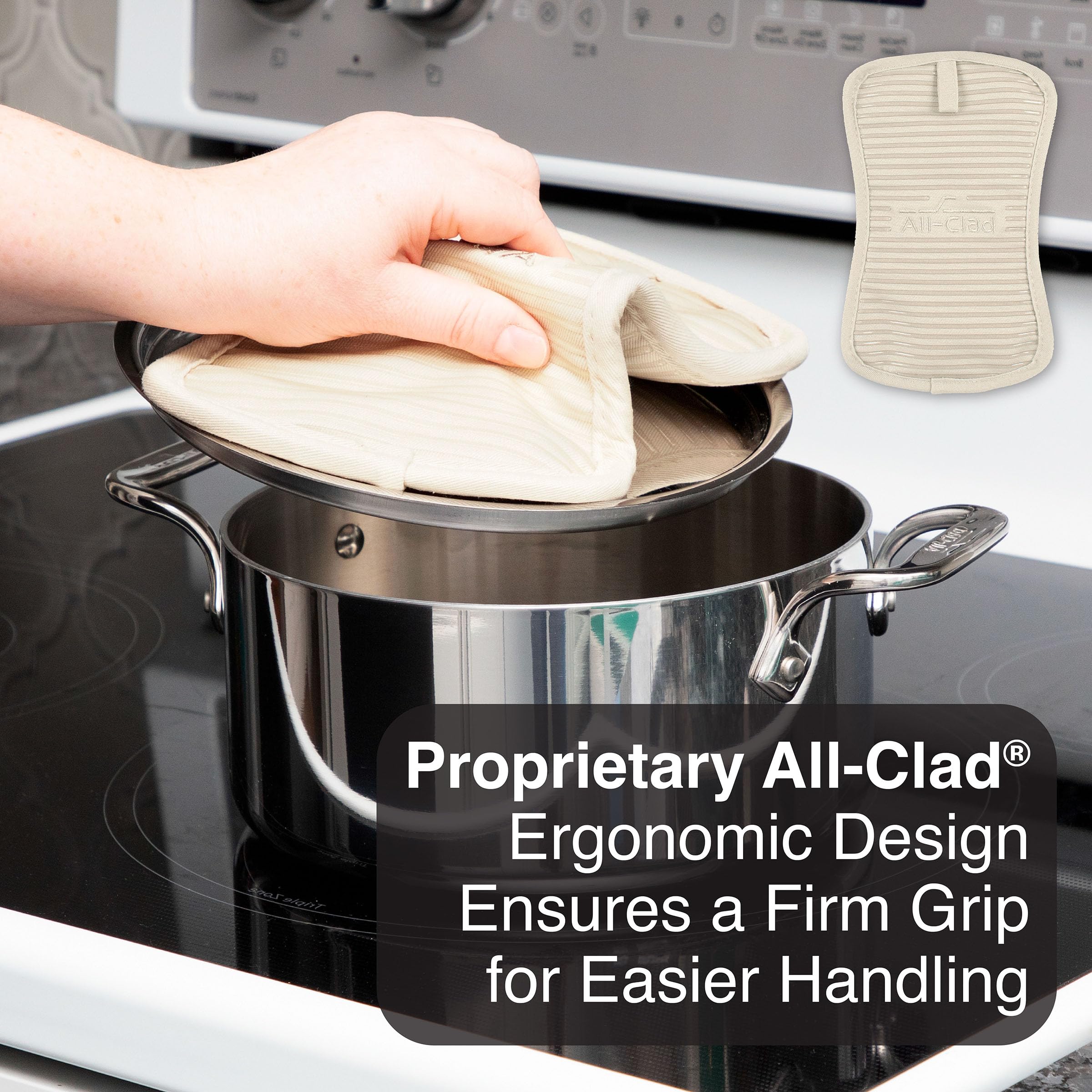 All-Clad dual-sided silicone pot holder enhances grip and durability.