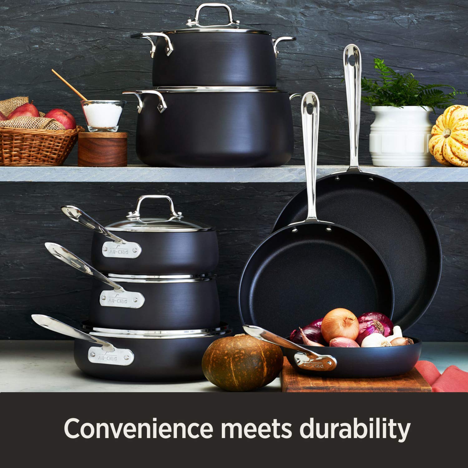 All-Clad HA1 sauté pan handle closeup highlighting secure grip during searing