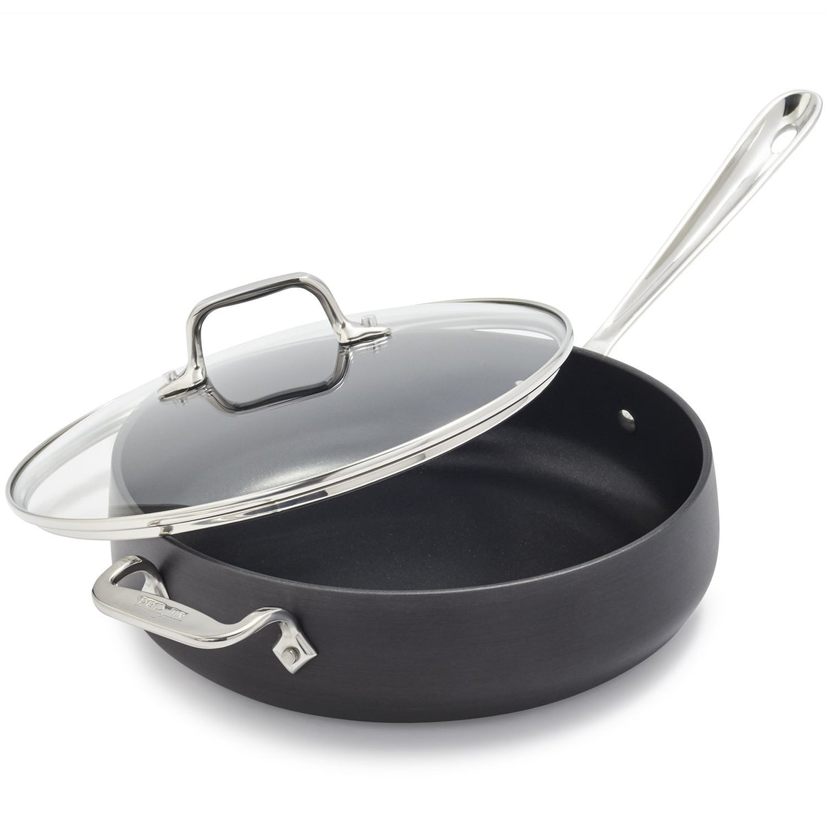All-Clad HA1 4qt sauté pan top view showing large cooking surface for multiple portions and browning