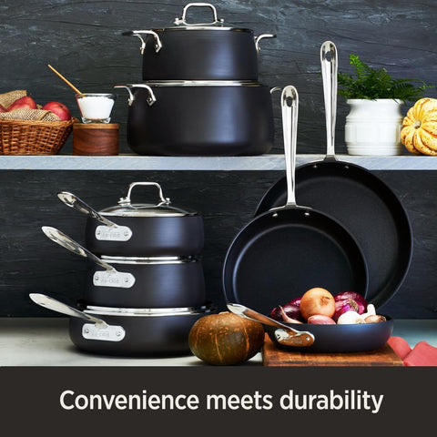 All-Clad HA1 riveted stainless steel handles provide secure grip and durability.