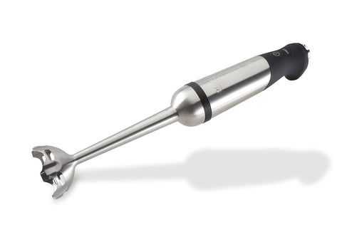 All-Clad immersion blender with extended stainless-steel shaft for deep pots and minimal splatter.