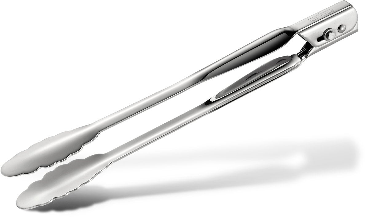 All-Clad locking tongs 12in with extended grip and scalloped heads for secure flipping.