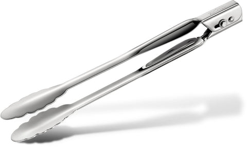 All-Clad locking tongs 12in with extended grip and scalloped heads for secure flipping.