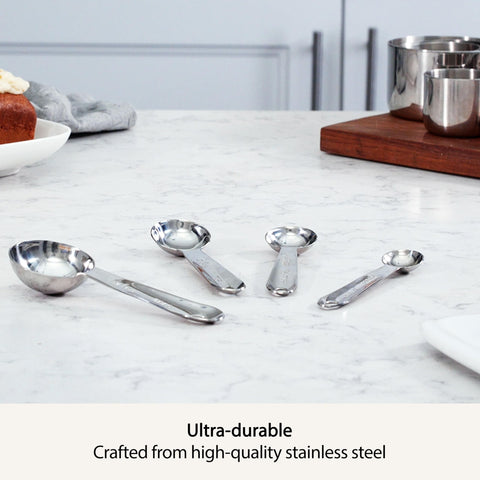 All-Clad measuring spoons with engraved handles show clear sizes for accurate measurements.