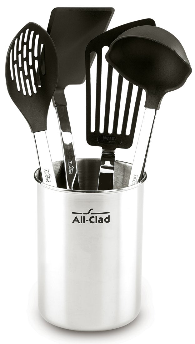 All-Clad nylon-head slotted spoon for nonstick cookware, ideal for draining and serving.
