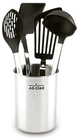 All-Clad nylon-head slotted spoon for nonstick cookware, ideal for draining and serving.