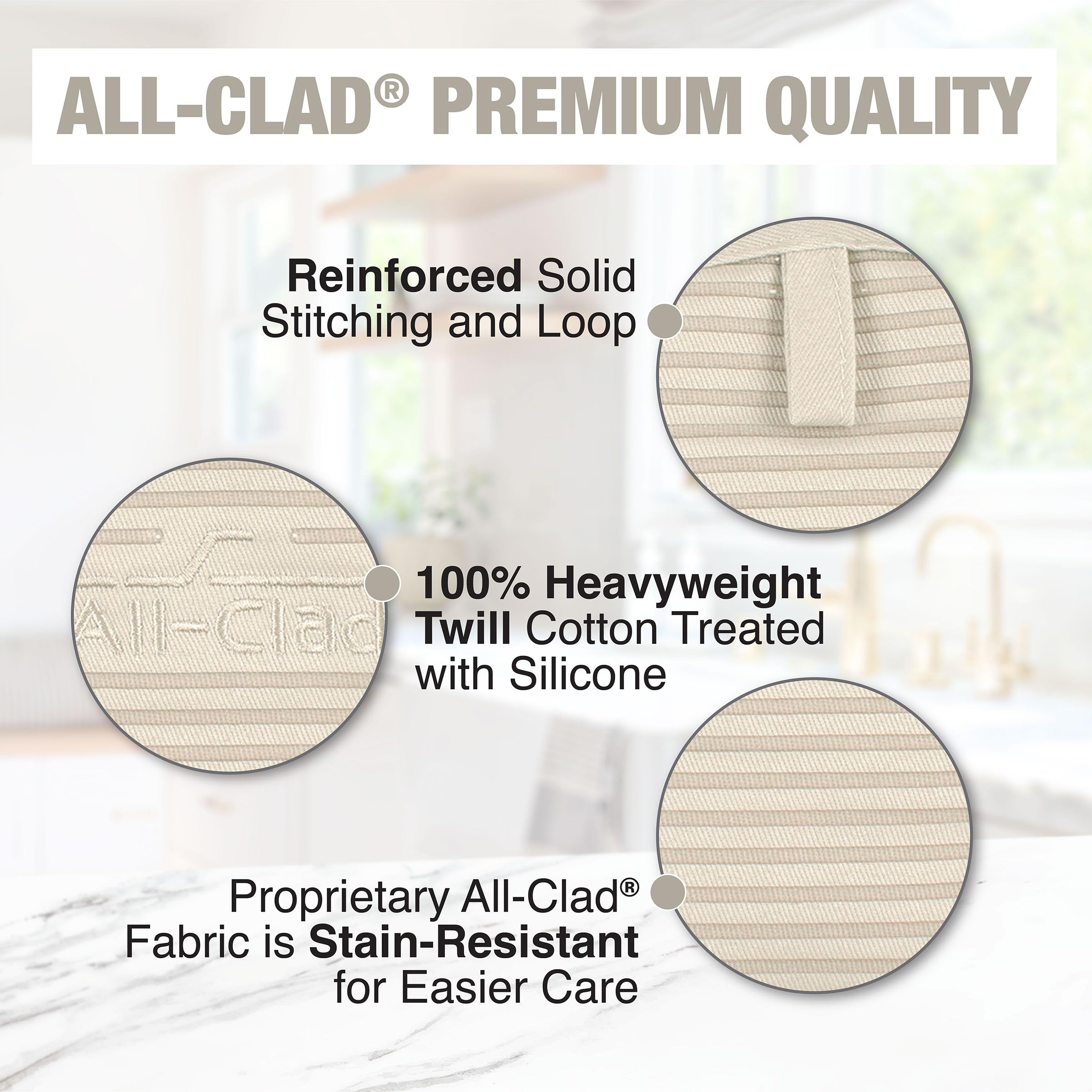 All-Clad pot holder with hanging loop keeps it reachable on the counter.