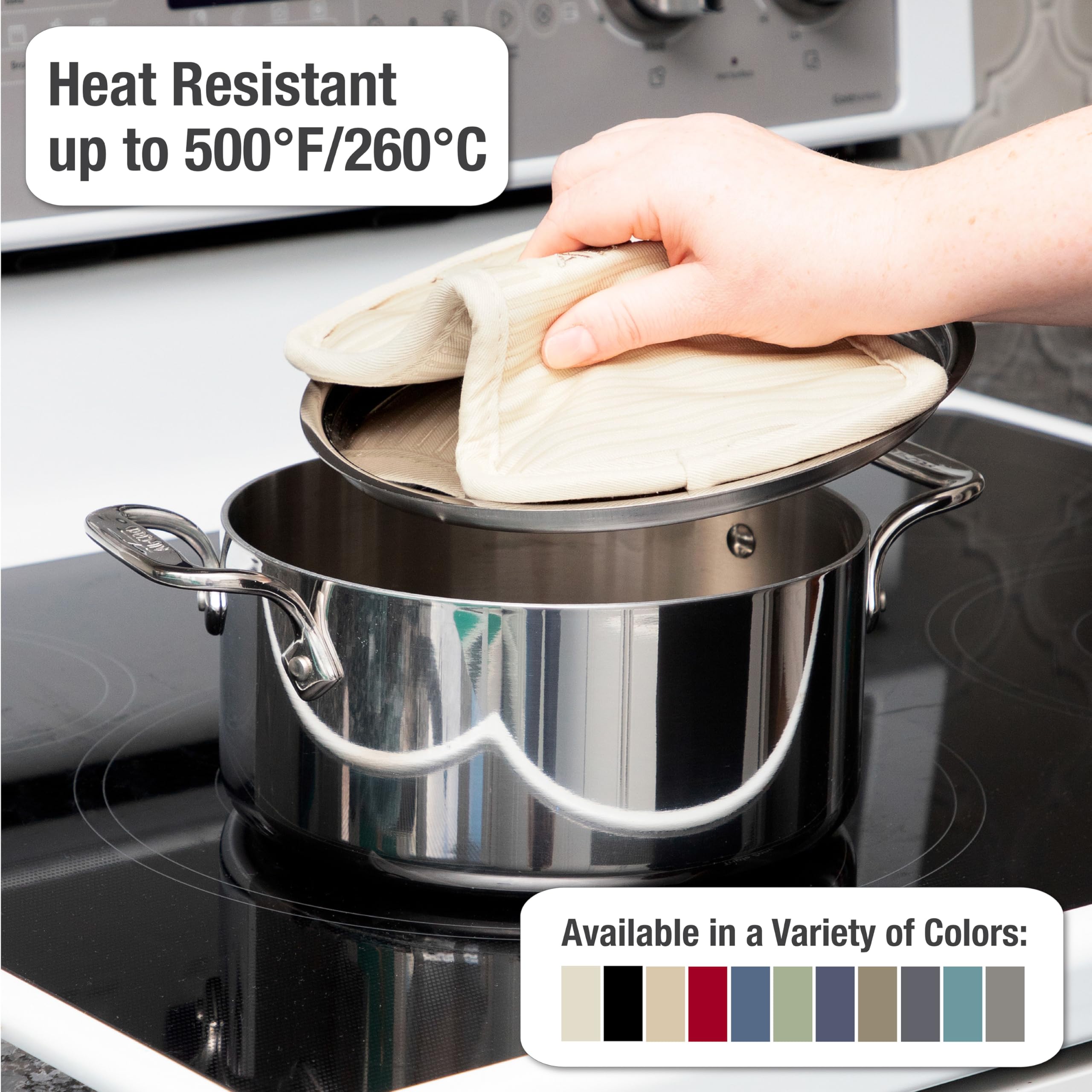 All-Clad machine-washable pot holder makes cleanup effortless.