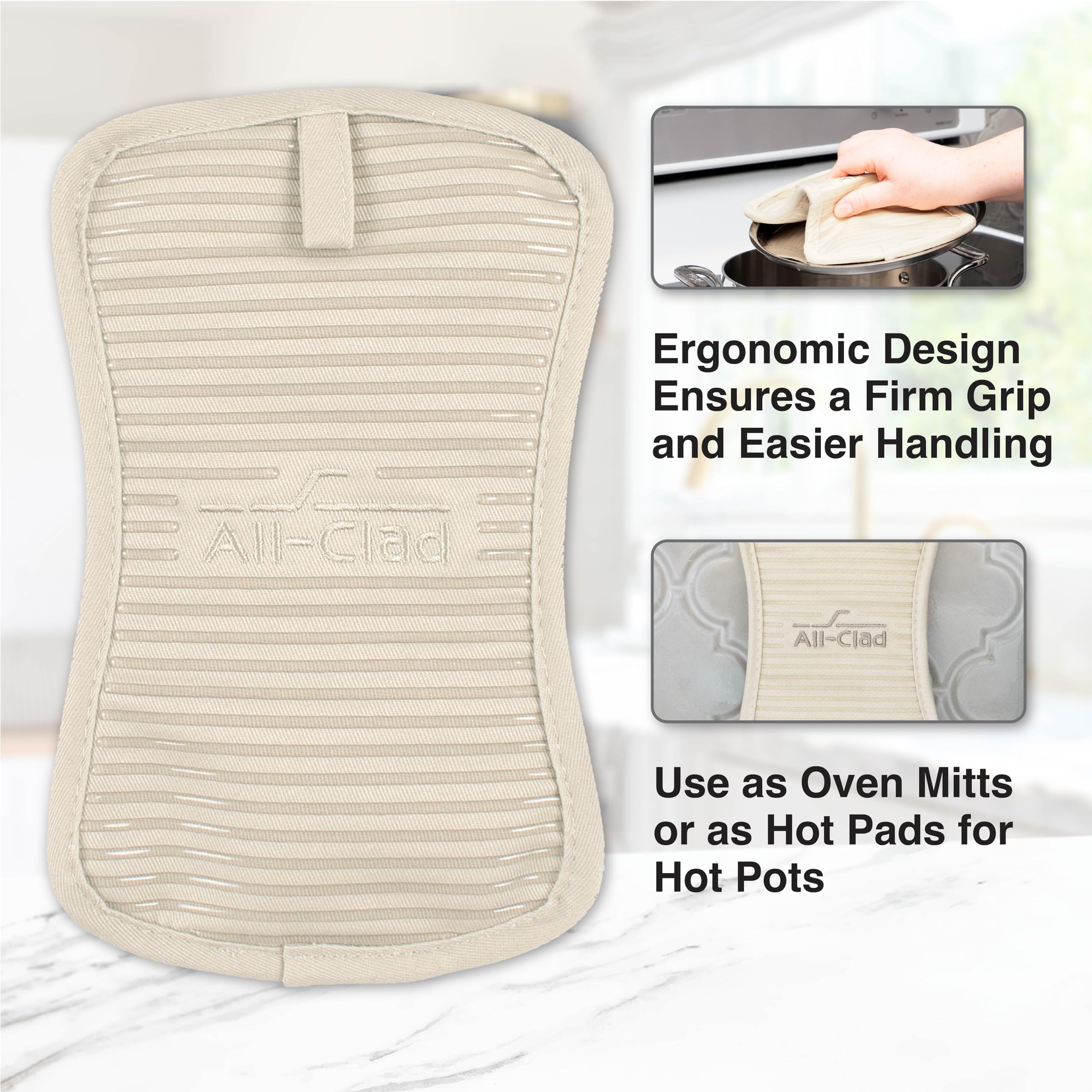 All-Clad pot holder silicone grip secures hot cookware with comfort.