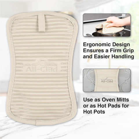 All-Clad pot holder silicone grip secures hot cookware with comfort.
