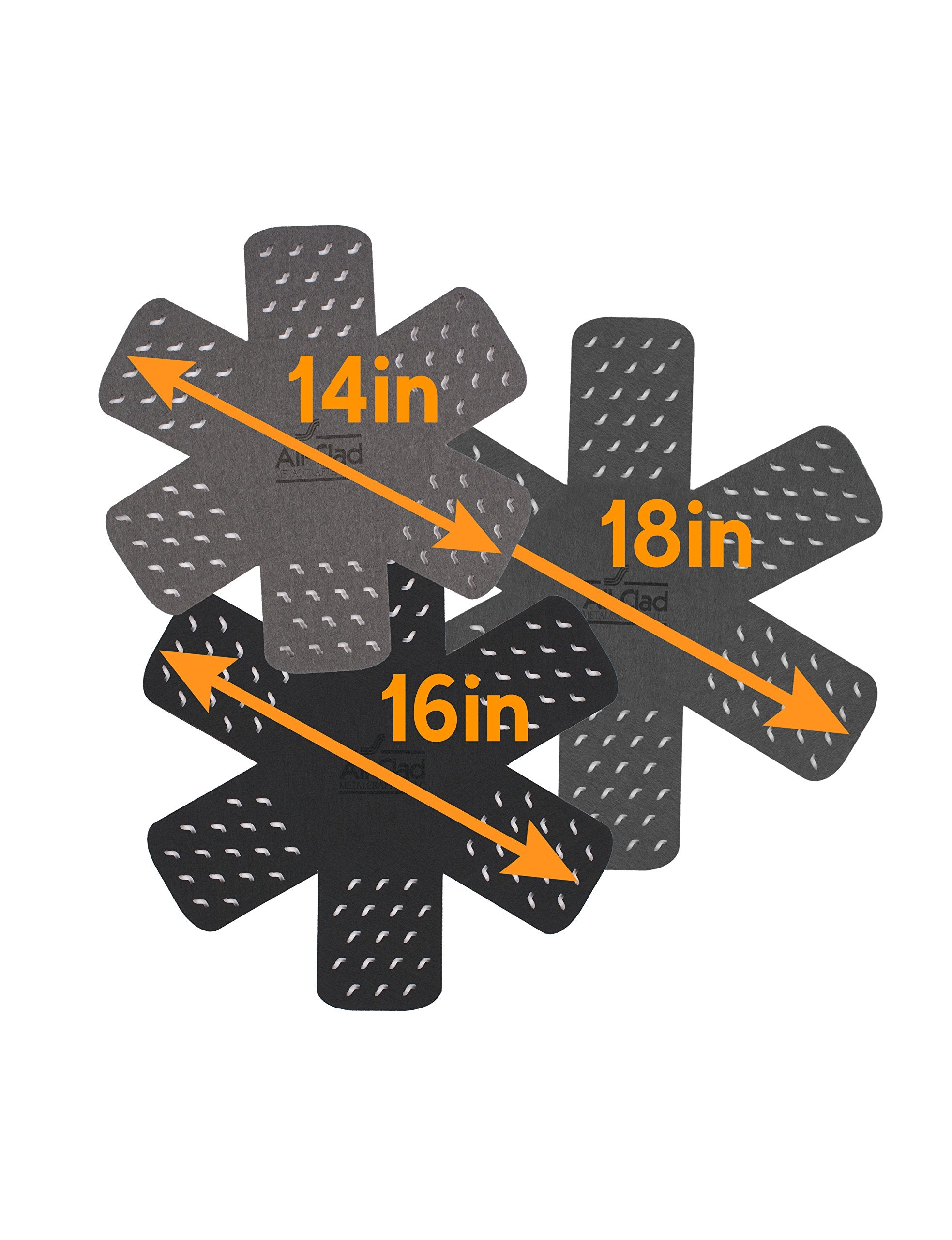 All-Clad pot protectors with star pattern fit 16-inch cookware to prevent dents during stacking.