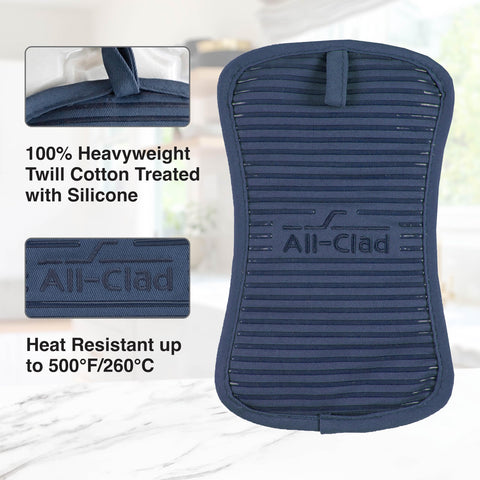 Ergonomic design of All-Clad indigo pot holder fits various pans for comfortable handling.