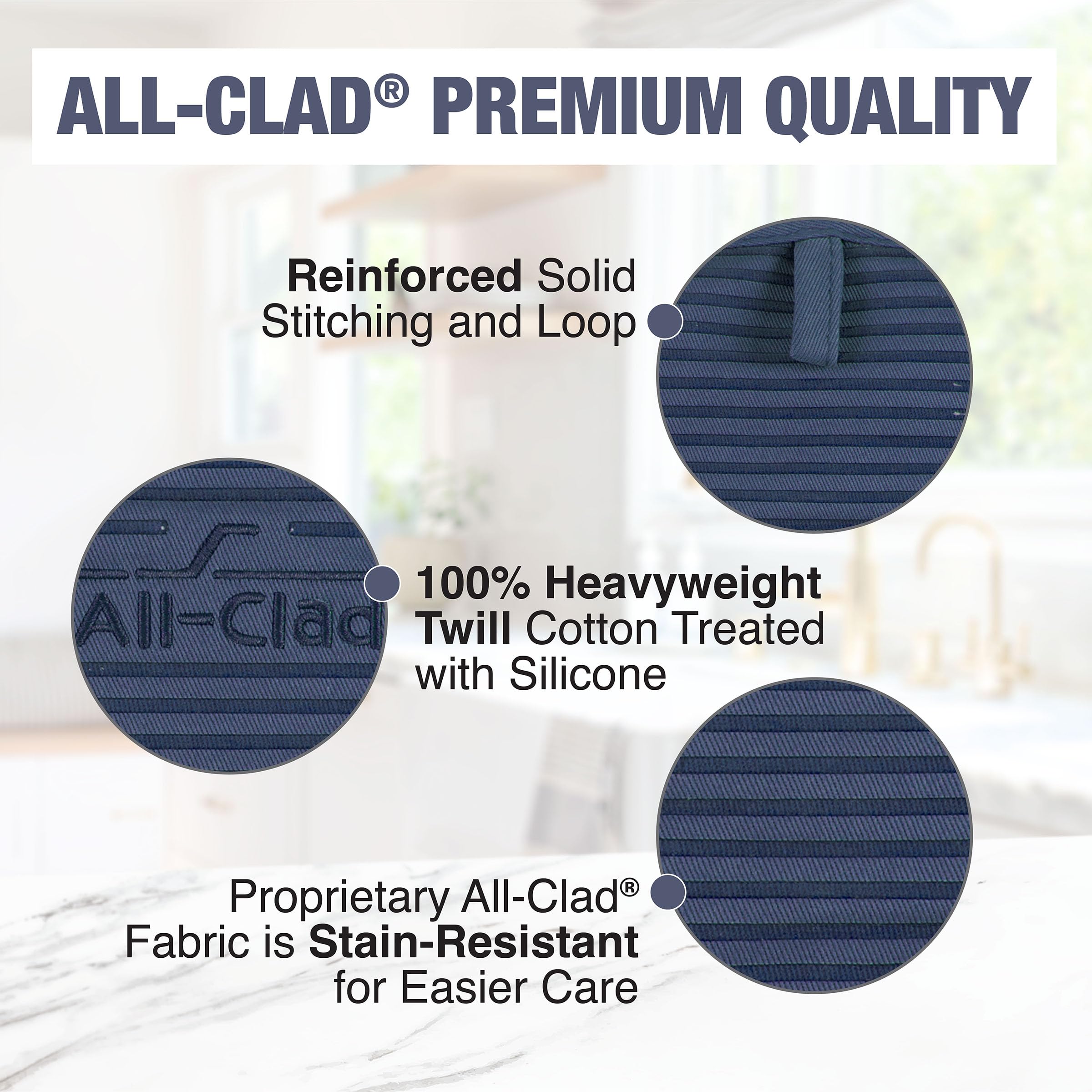 Built-in hanging loop on All-Clad indigo pot holder for quick, convenient reach.