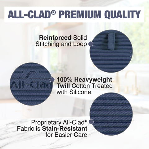 Built-in hanging loop on All-Clad indigo pot holder for quick, convenient reach.