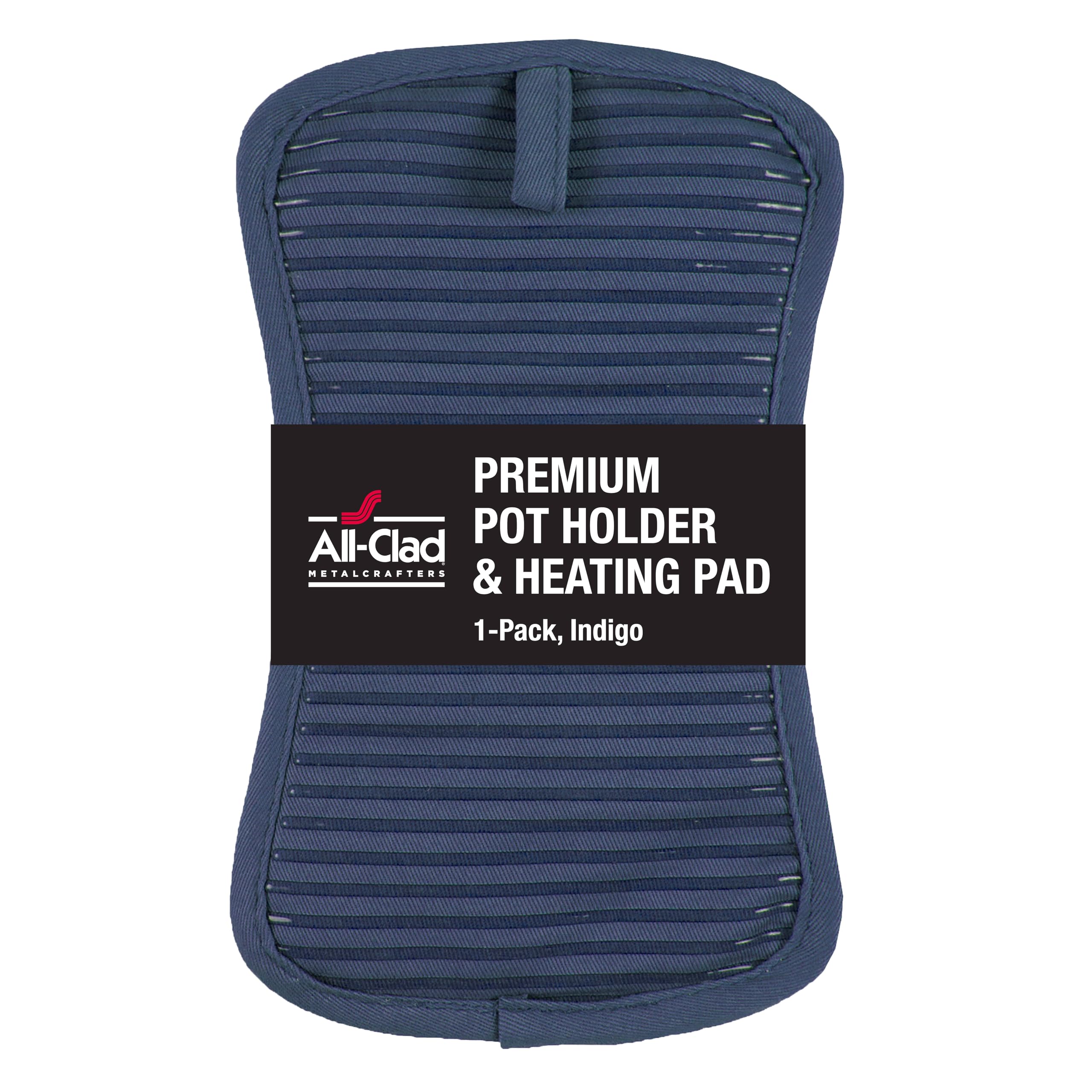 All-Clad premium pot holder in indigo with heat resistance up to 500°F for safe oven use.
