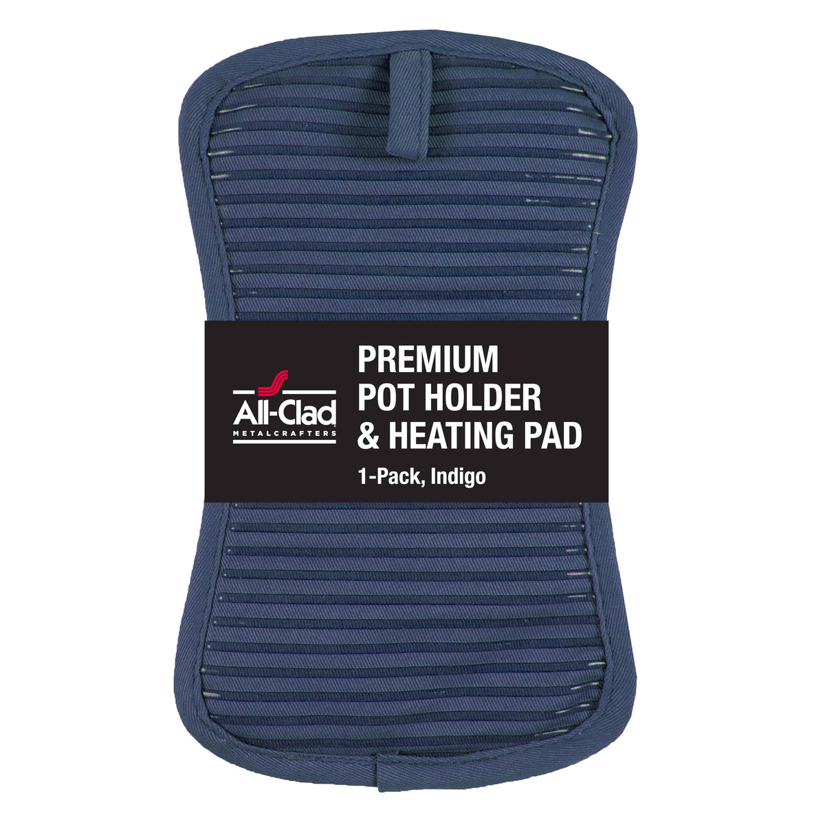 All-Clad premium pot holder in indigo with heat resistance up to 500°F for safe oven use.