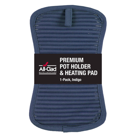 All-Clad premium pot holder in indigo with heat resistance up to 500°F for safe oven use.