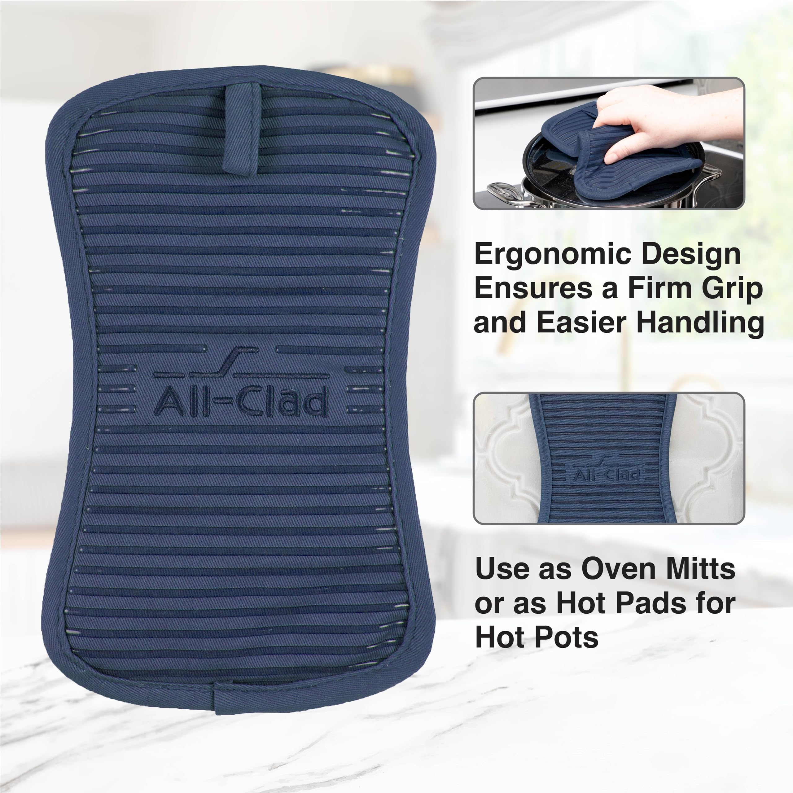 Heavyweight cotton twill plus silicone in All-Clad indigo pot holder for durability and protection.