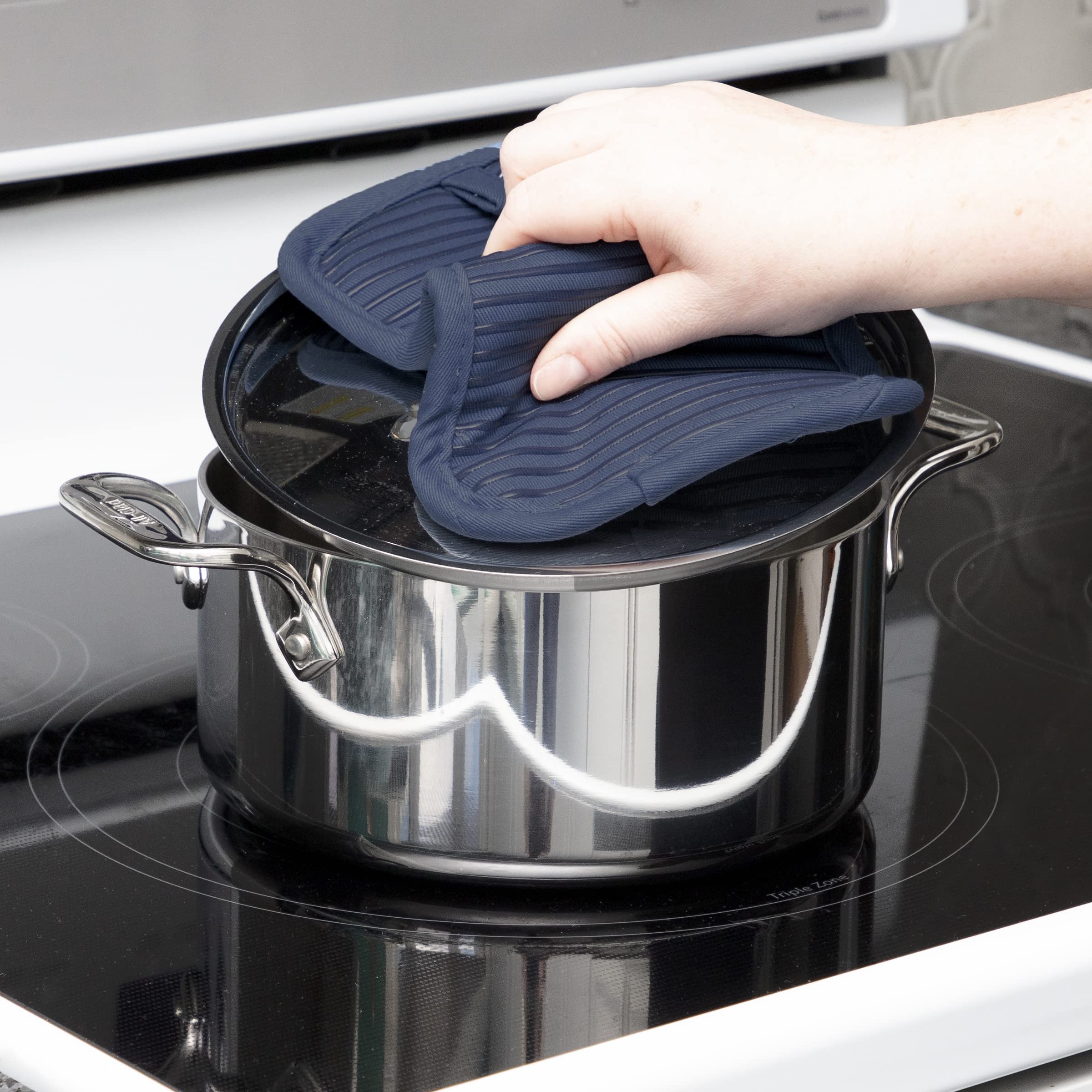 All-Clad indigo pot holder doubles as hot pad and makeshift oven mitt.