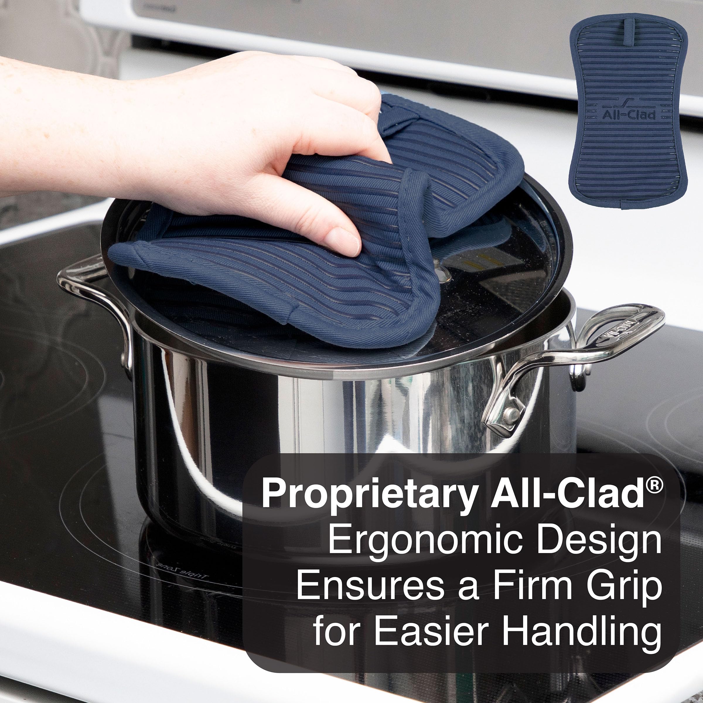 Machine washable All-Clad indigo pot holder for easy cleanup after cooking sessions.