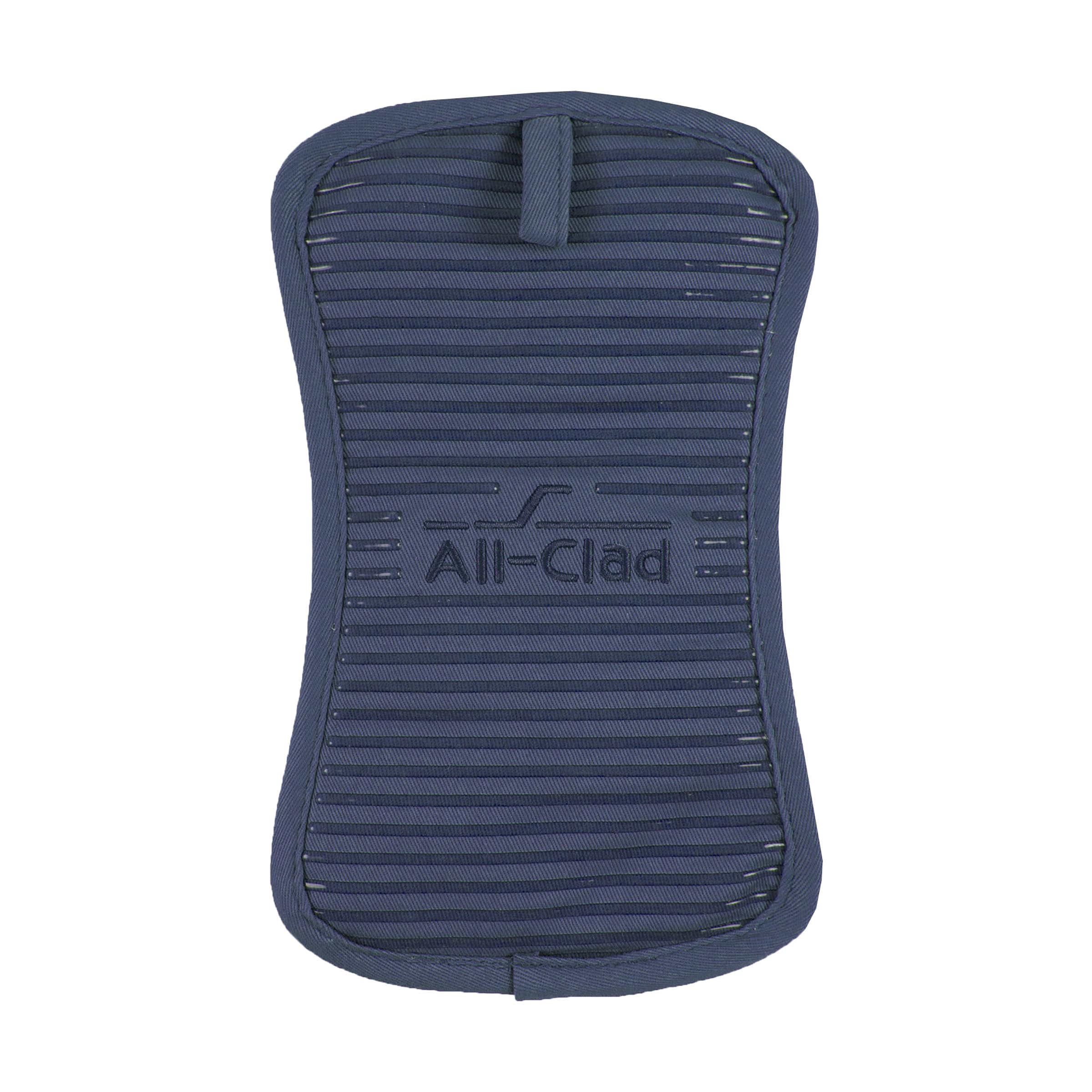 Secure silicone grip on All-Clad indigo pot holder for a firm hold on hot cookware.