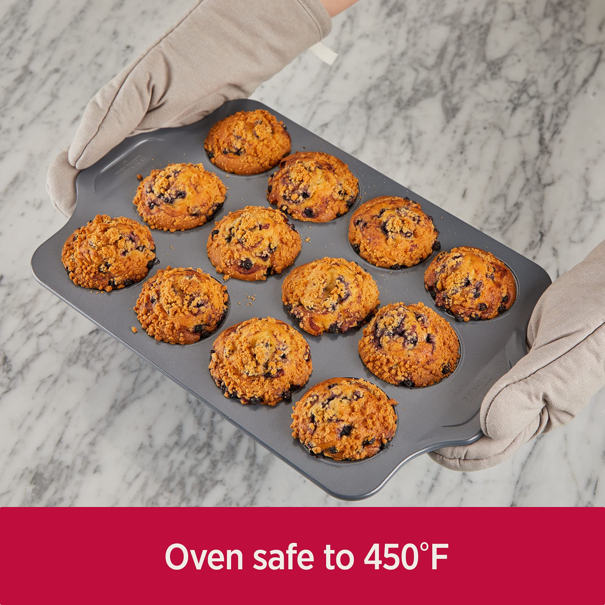 All-Clad Pro-Release muffin pan in oven during bake