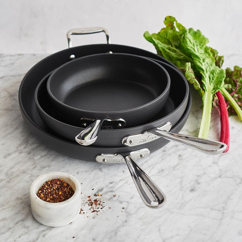 All-Clad set of 3 skillets in one versatile collection for different tasks.