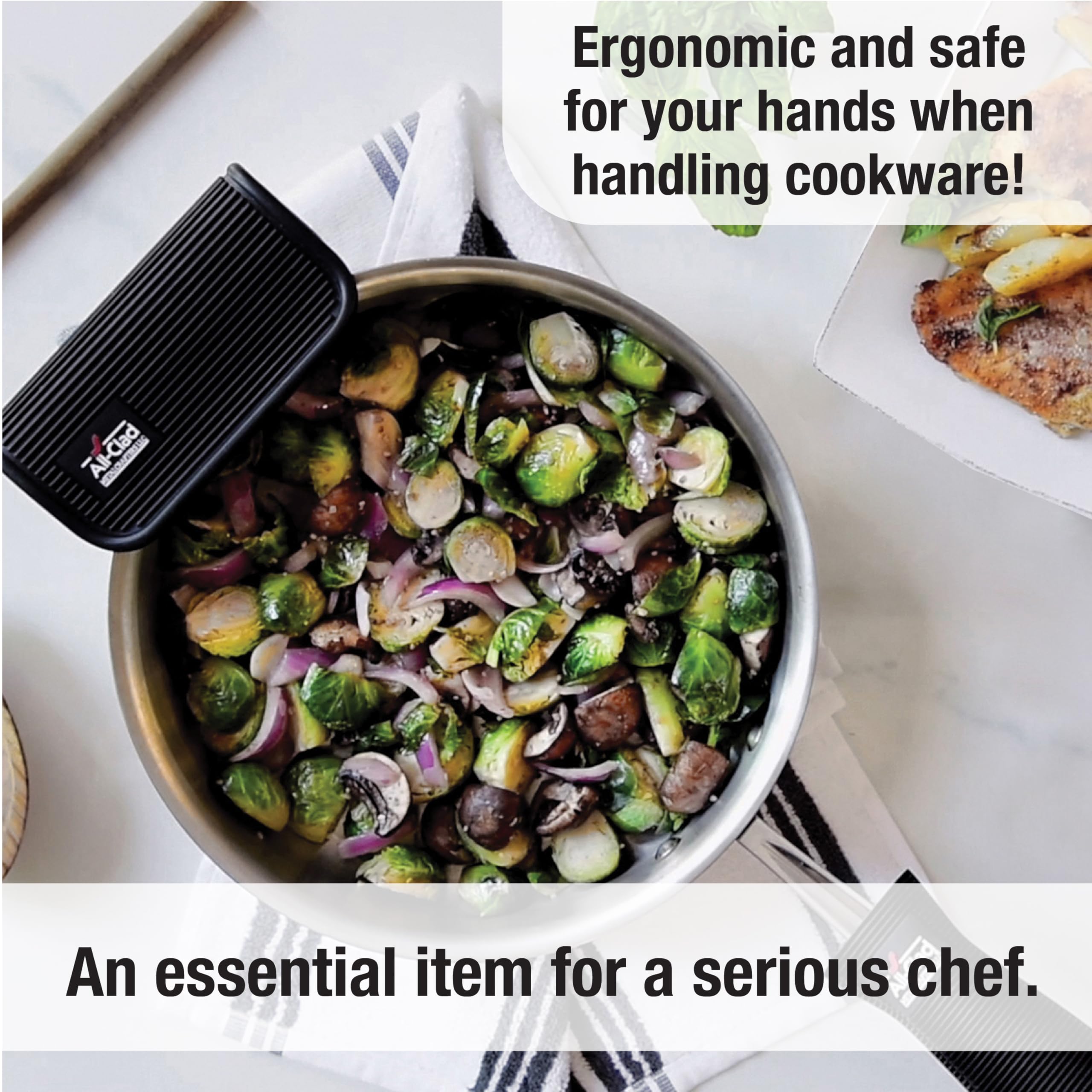 All-Clad silicone grip set features ergonomic texture for comfortable cooking.