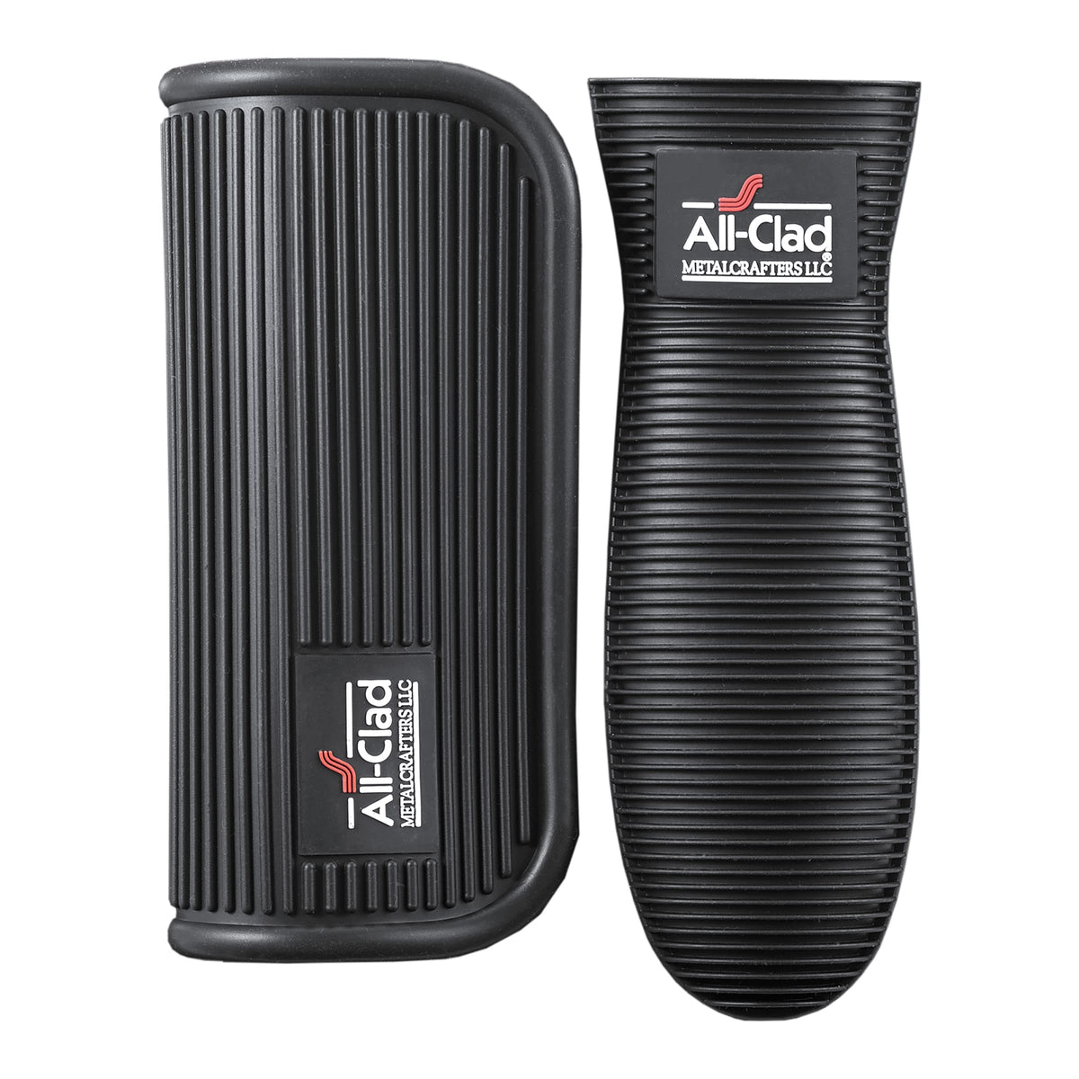 All-Clad silicone grip set on a cookware handle for secure non-slip control.